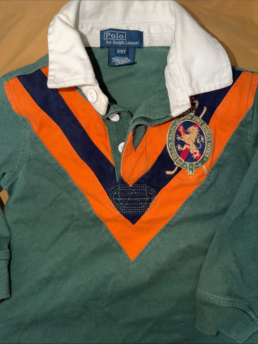 Polo by Ralph Lauren Green Rugby Shirt with Orange & Navy V-Trim